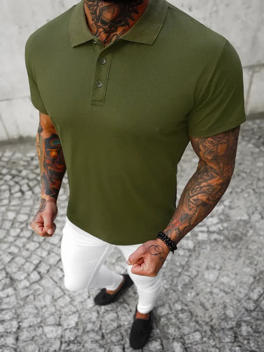 KOSZULKA MĘSKA POLO - POLÓWKA W KOLORZE KHAKI- KOŁNIERZ KENT