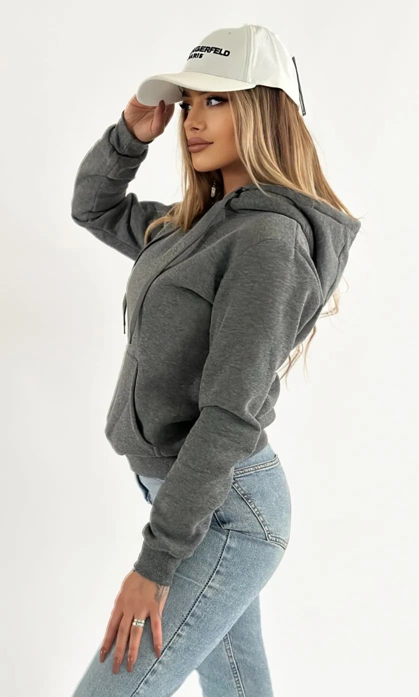 BLUZA DAMSKA BASIC CIEMNOSZARA Z KAPTUREM - KLASYKA