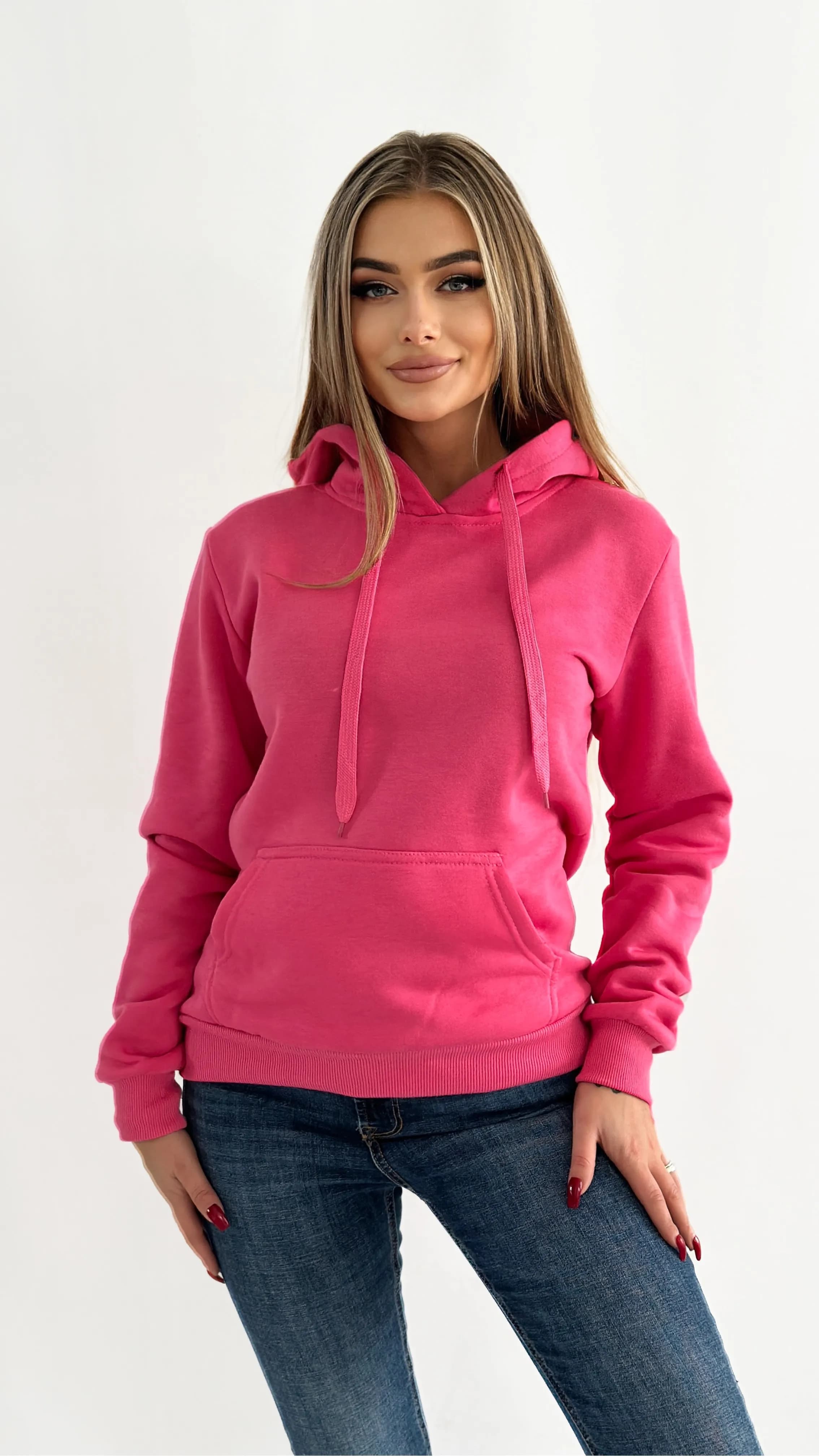 BLUZA DAMSKA BASIC CIEMNORÓŻOWA Z KAPTUREM - KLASYKA