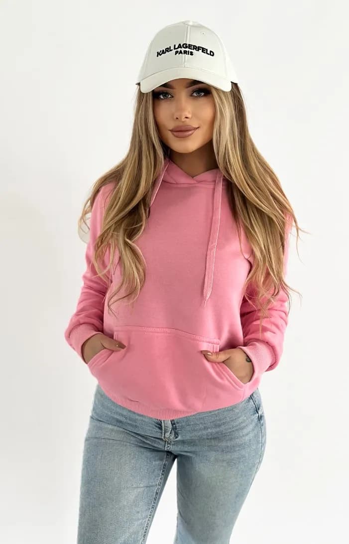 BLUZA DAMSKA BASIC JASNORÓŻOWA Z KAPTUREM - KLASYKA