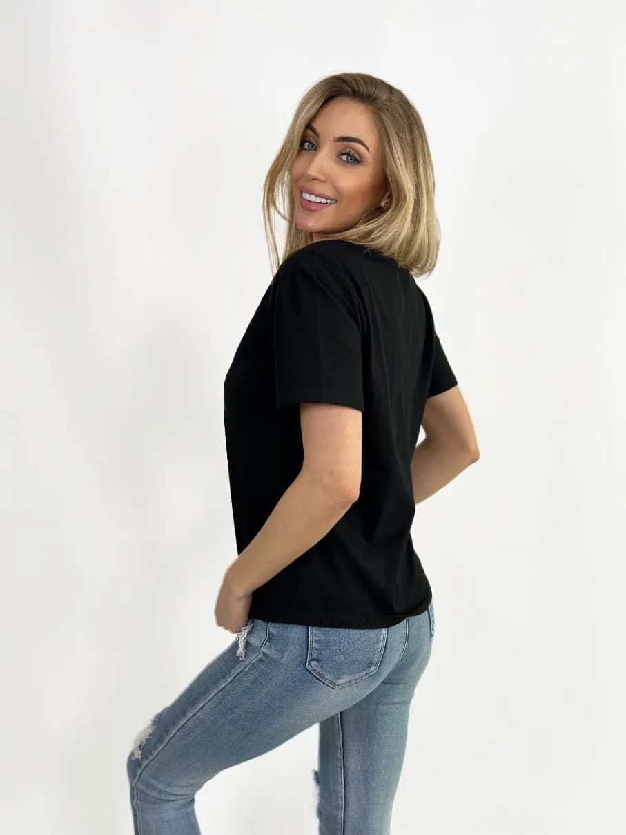KOSZULKA DAMSKA CZARNA - KLASYCZNA - OKRĄGŁY DEKOLT - T-SHIRT