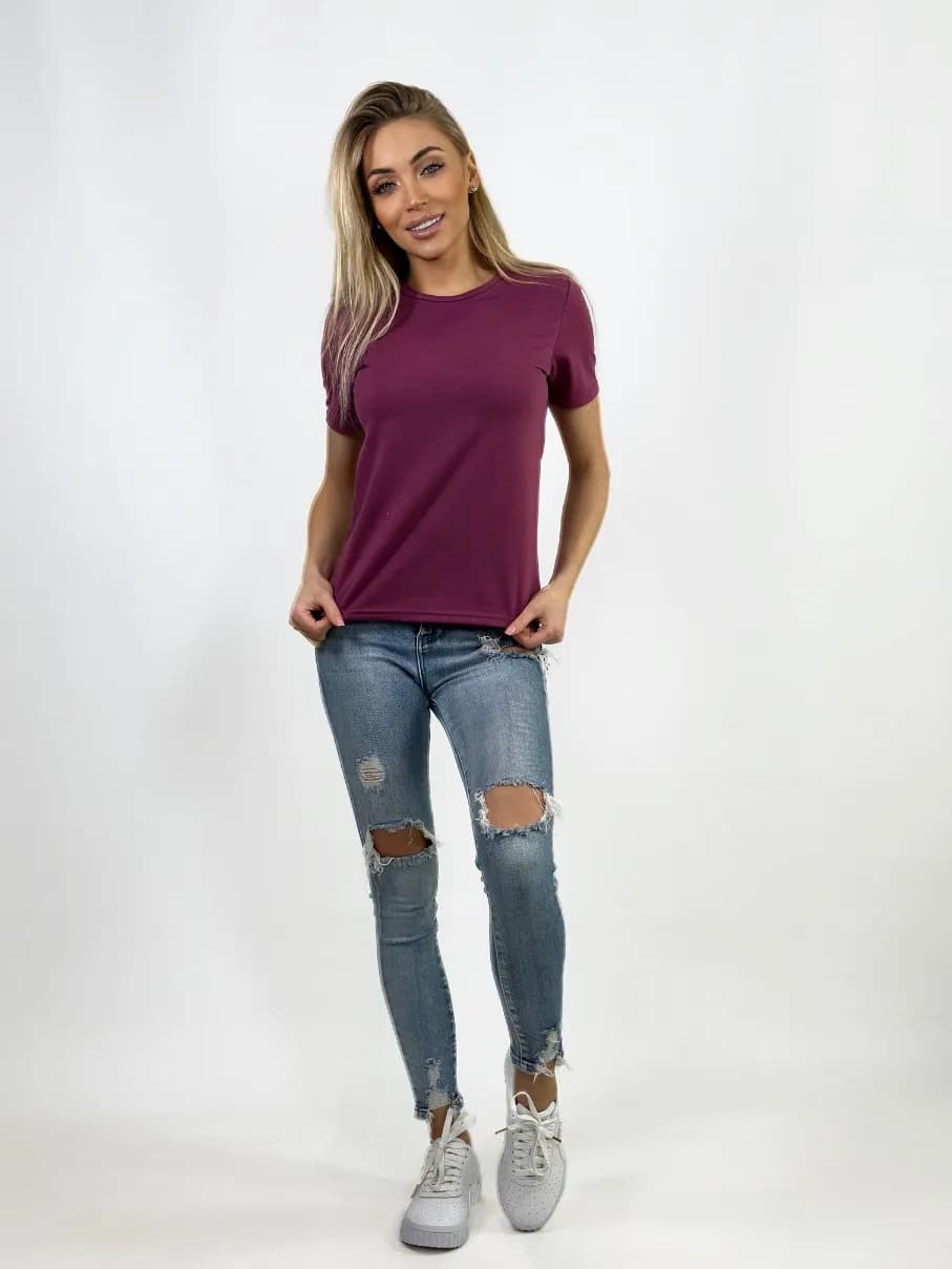 KOSZULKA DAMSKA BORDOWA - KLASYCZNA - OKRĄGŁY DEKOLT - T-SHIRT