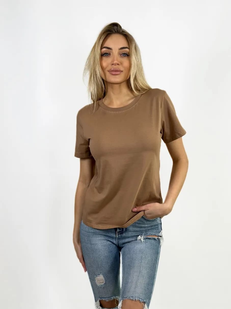 KOSZULKA T-SHIRT DAMSKI - W KOLORZE BRĄZOWYM - BAWEŁNA Z ELASTANEM
