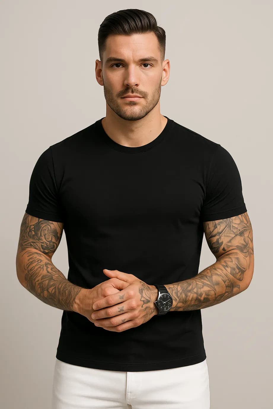 KOSZULKA MĘSKA CZARNA - T-SHIRT PRZYLEGAJĄCY - SLIM FIT - ELASTYCZNA