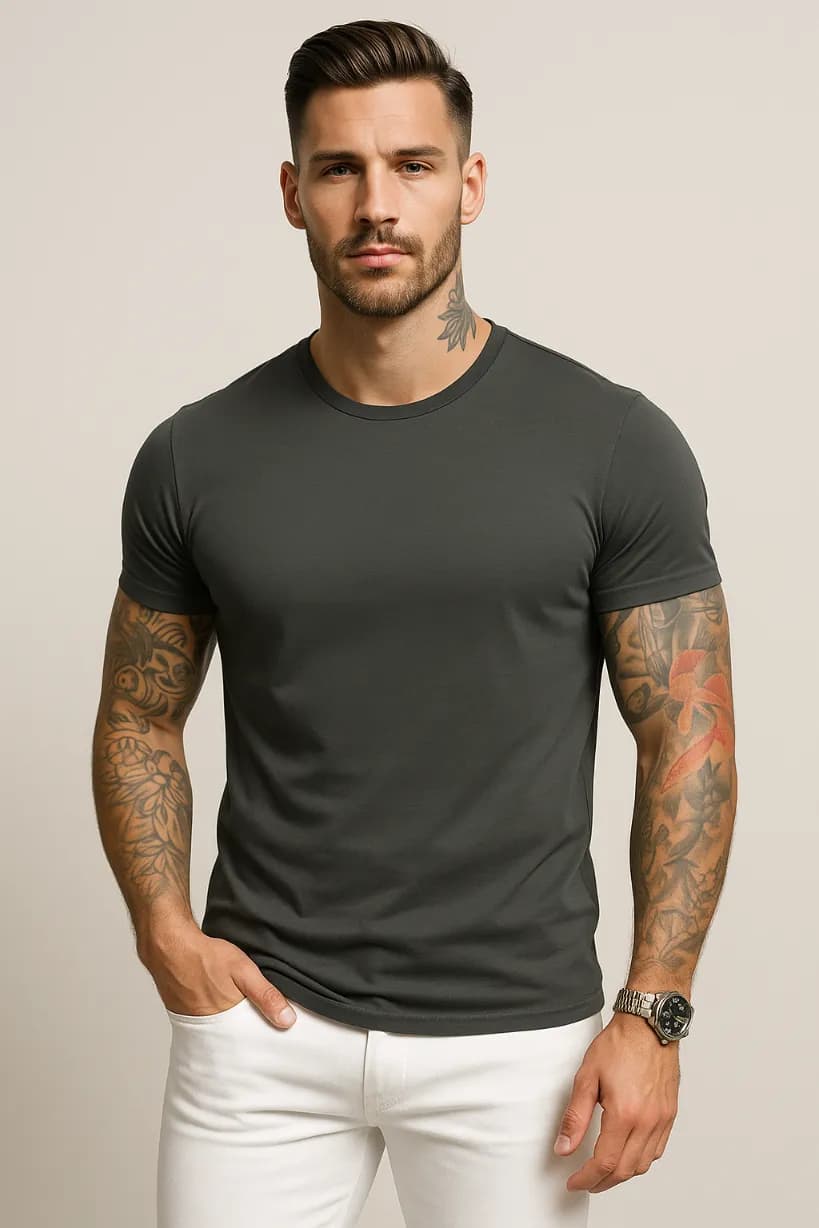 KOSZULKA MĘSKA CIEMNOSZARA - T-SHIRT PRZYLEGAJĄCY - SLIM FIT - ELASTAN