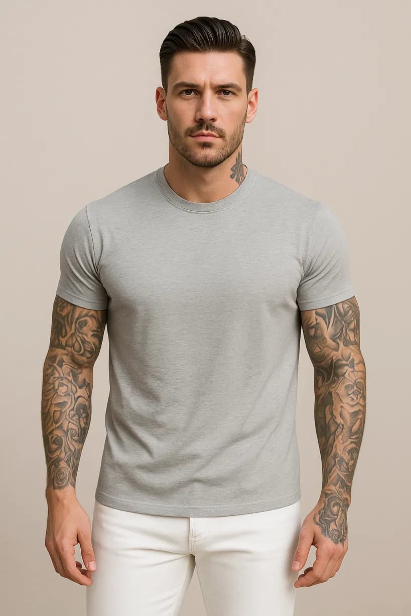 KOSZULKA MĘSKA JASNOSZARA- T-SHIRT PRZYLEGAJĄCY - SLIM FIT - ELASTAN