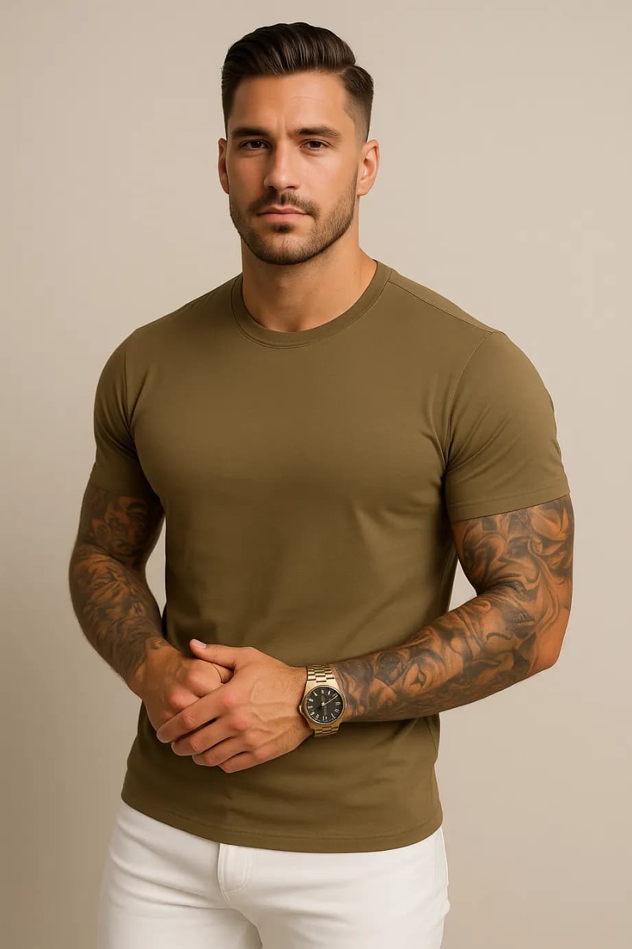 KOSZULKA MĘSKA BRĄZOWA - T-SHIRT PRZYLEGAJĄCY - SLIM FIT - ELASTYCZNA