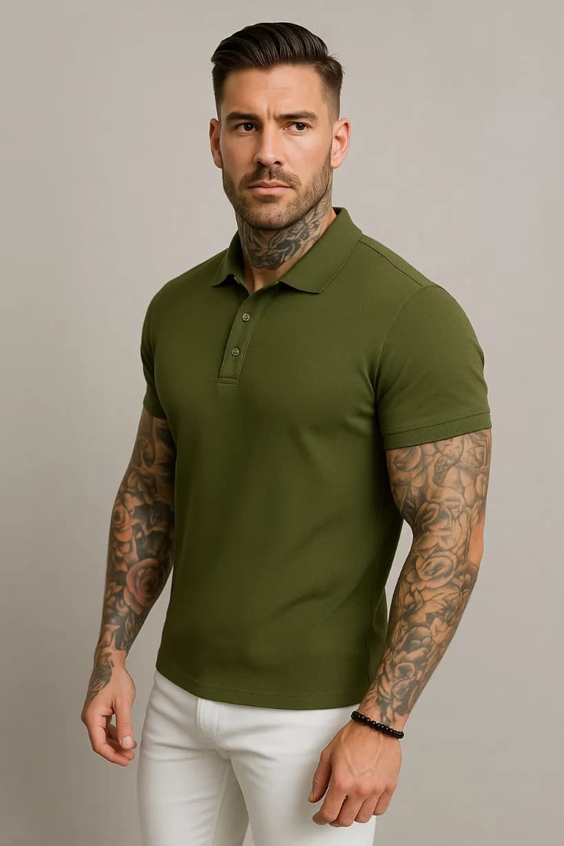 POLÓWKA MĘSKA - KOLOR KHAKI - KOSZULKA POLO - REGULAR - KOŁNIERZYK