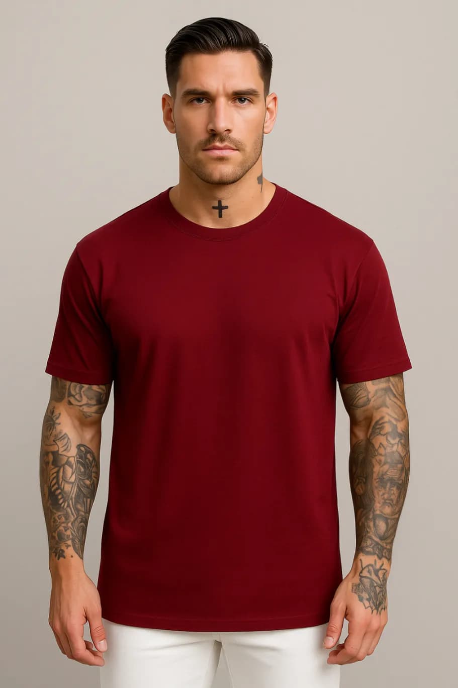 KOSZULKA MĘSKA W KOLORZE BORDOWYM - T-SHIRT LOOSE FIT - 100% BAWEŁNA