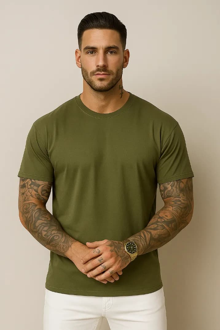 KOSZULKA MĘSKA W KOLORZE KHAKI - T-SHIRT LOOSE FIT - 100% BAWEŁNA