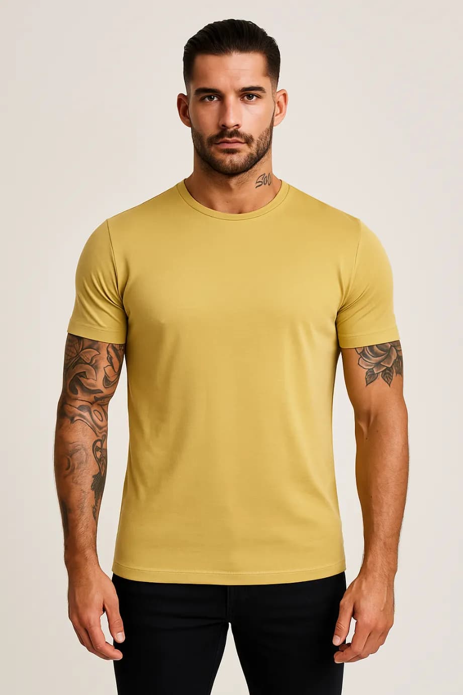 KOSZULKA MĘSKA MUSZTARDOWA - T-SHIRT PRZYLEGAJĄCY - SLIM FIT - ELASTAN