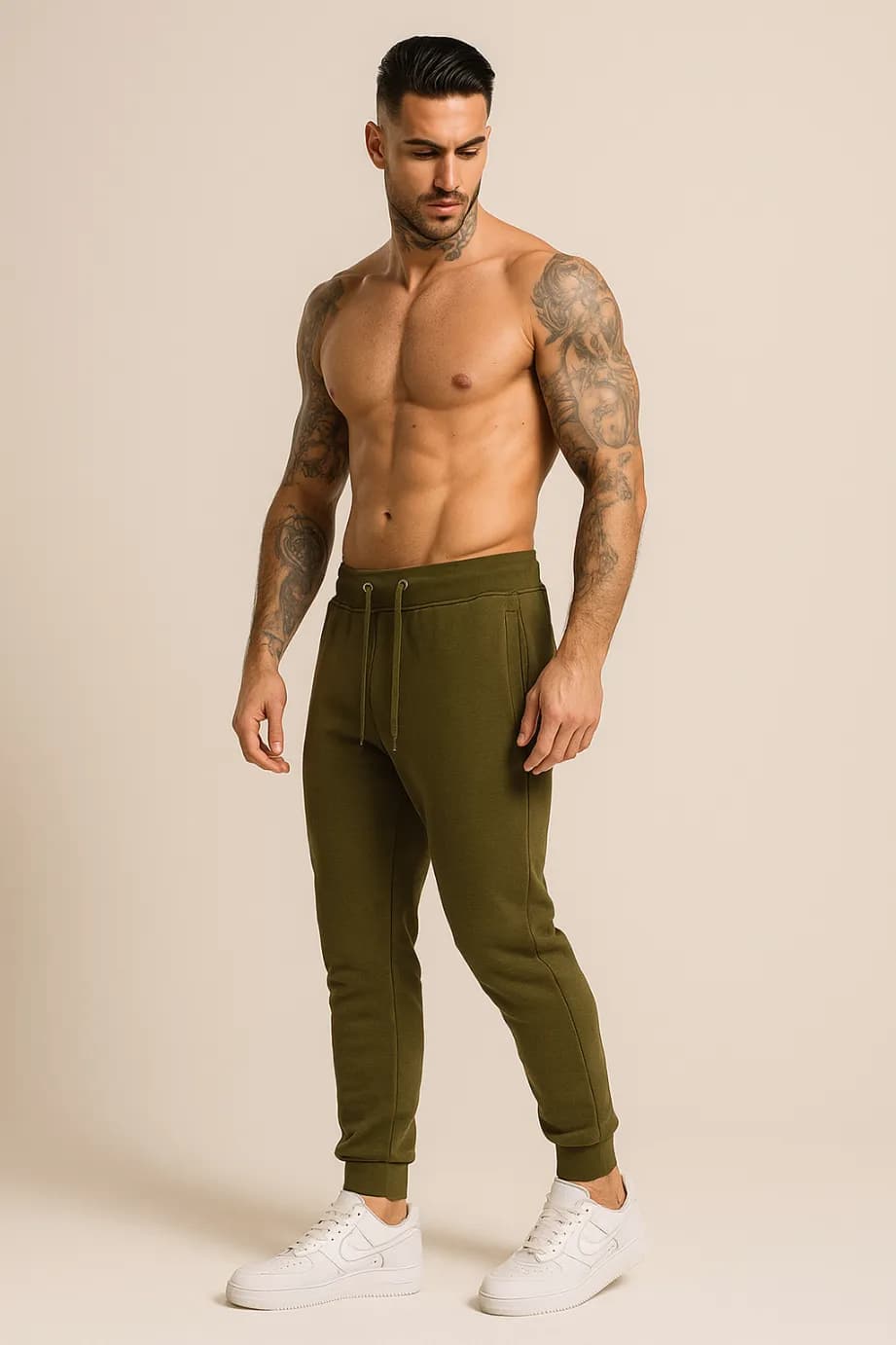 DRESY MĘSKIE - SPODNIE DRESOWE - W KOLORZE KHAKI - JOGGERY BAWEŁNIANE