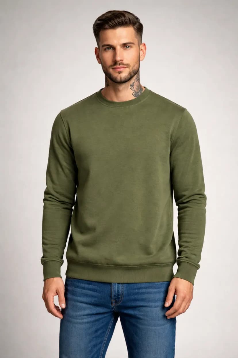 BLUZA MĘSKA BEZ KAPTURA KOLOR ZIELONY KHAKI - BAWEŁNIANA I OCIEPLANA