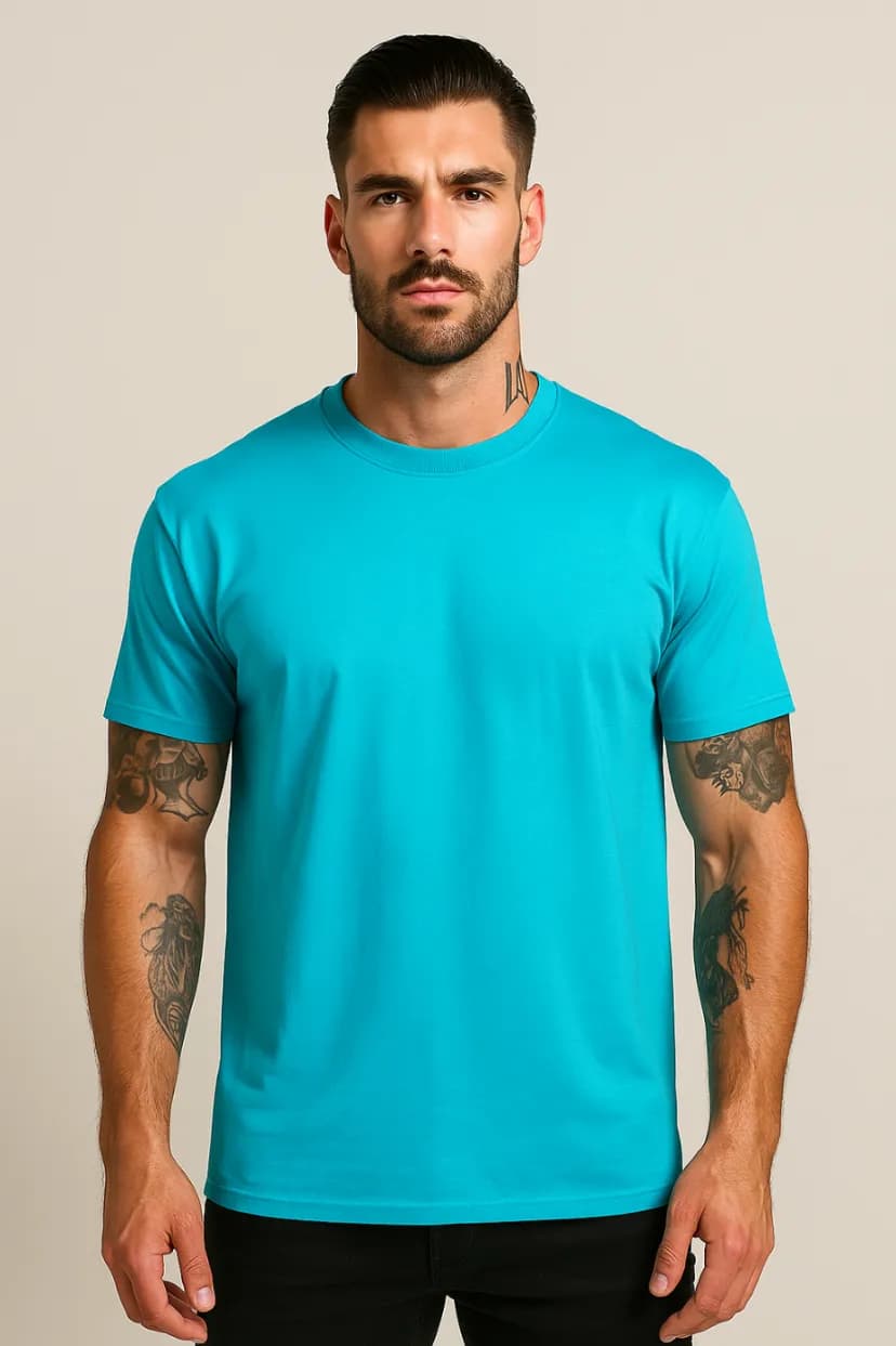 KOSZULKA MĘSKA BAWEŁNIANA - KOLOR TURKUSOWY T-SHIRT W LUŹNY KRÓJ