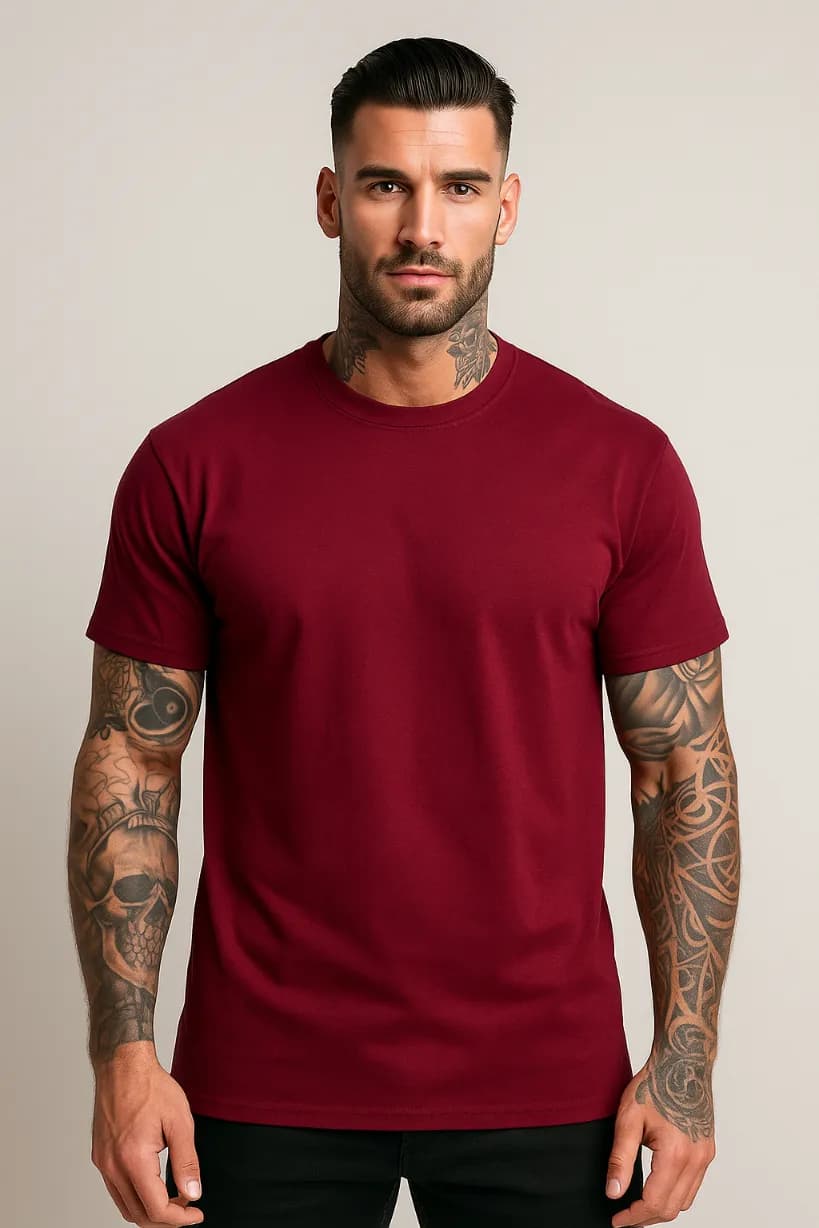 KOSZULKA MĘSKA BAWEŁNIANA - KOLOR BORDOWY - T-SHIRT LUŹNY KRÓJ 190g/m2