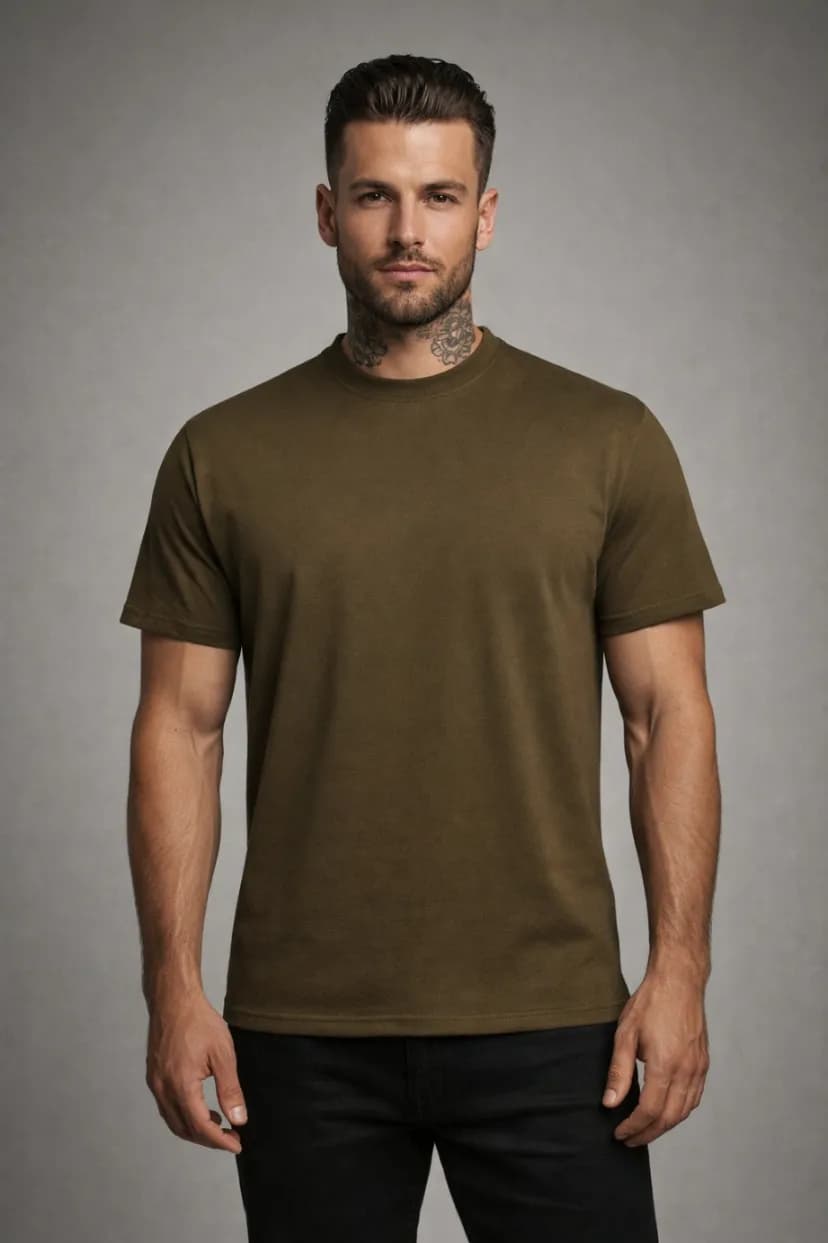 KOSZULKA MĘSKA BAWEŁNIANA - KOLOR KHAKI T-SHIRT LUŹNY KRÓJ 190g/m2