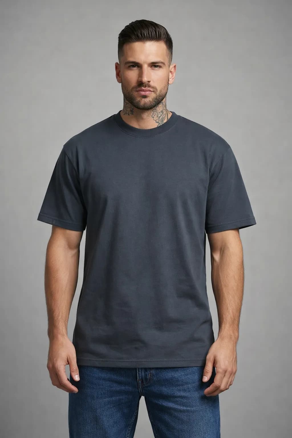 KOSZULKA MĘSKA GRAFITOWA - T-SHIRT TYPU LOOSE FIT, OVERSIZE, 100% BAWEŁNA