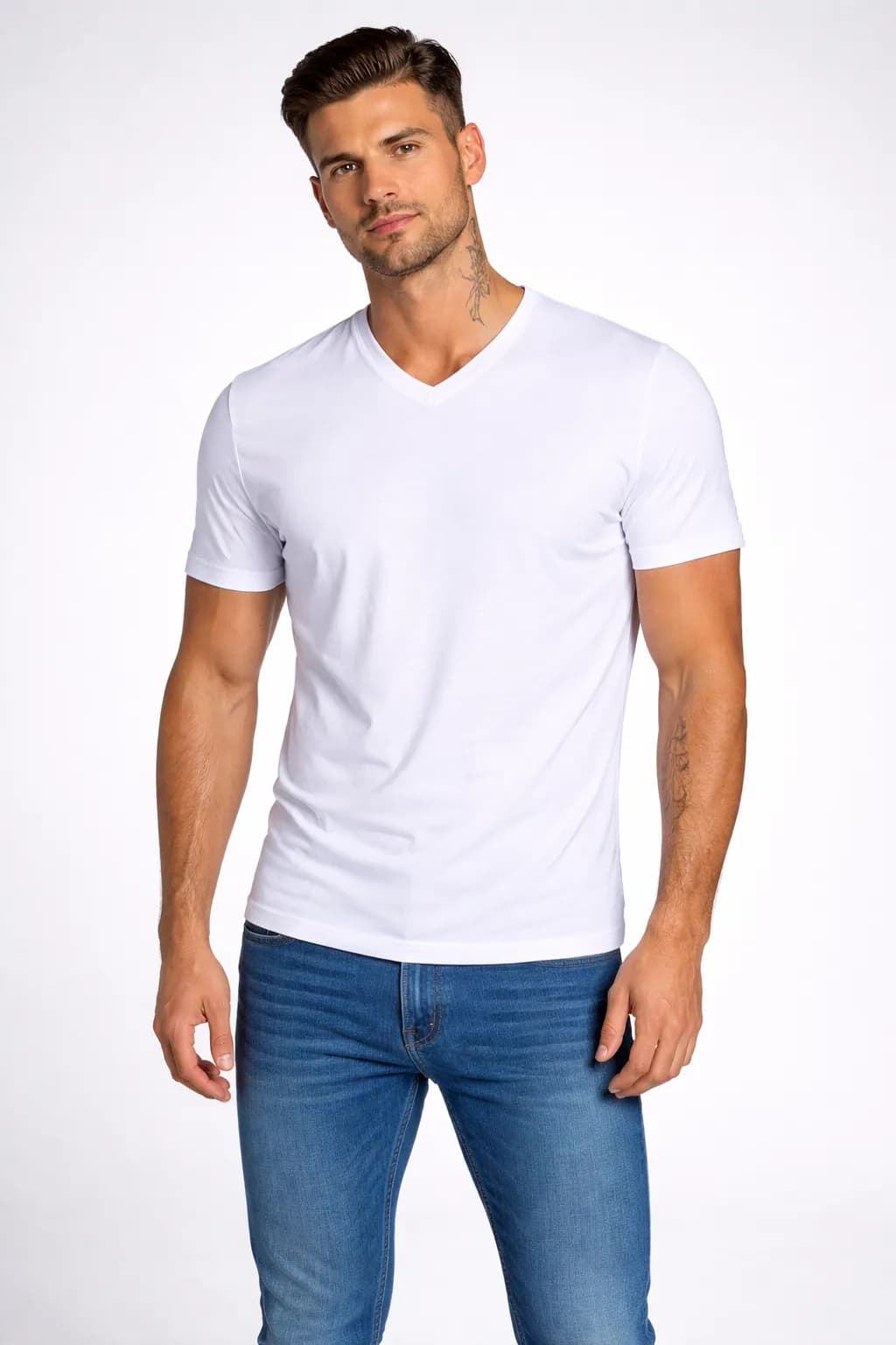 T-SHIRT MĘSKI - KOSZULKA BIAŁA - KOŁNIERZ V-NECK W SZPIC SEREK ELASTAN
