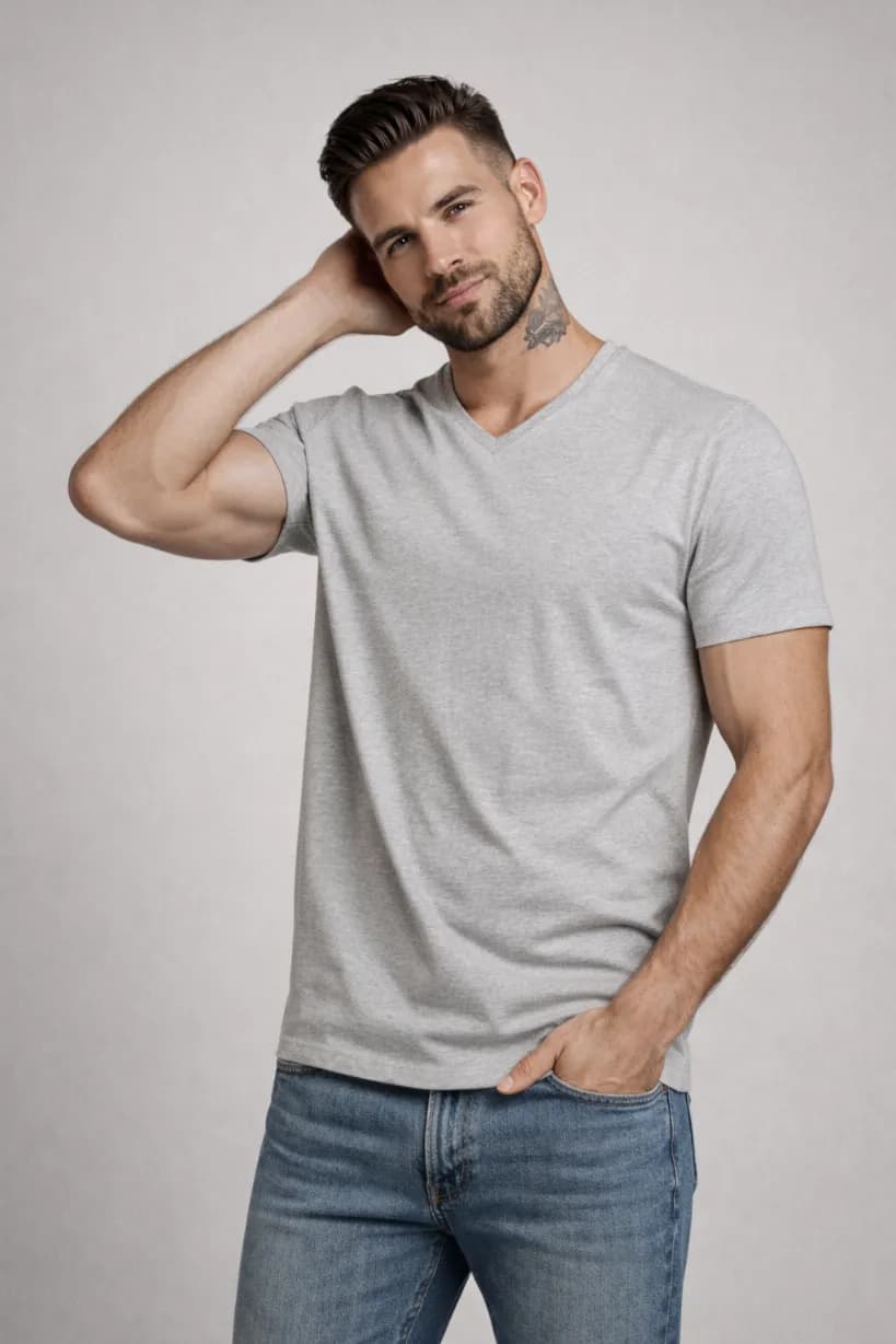 T-SHIRT MĘSKI - KOSZULKA SZARA KOŁNIERZ V-NECK W SZPIC SEREK ELASTAN
