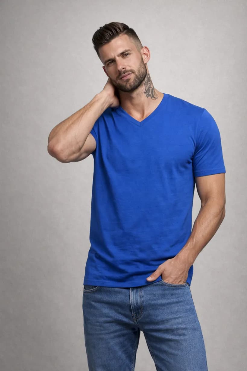 T-SHIRT MĘSKI KOSZULKA NIEBIESKA KOŁNIERZ V-NECK W SZPIC SEREK ELASTAN