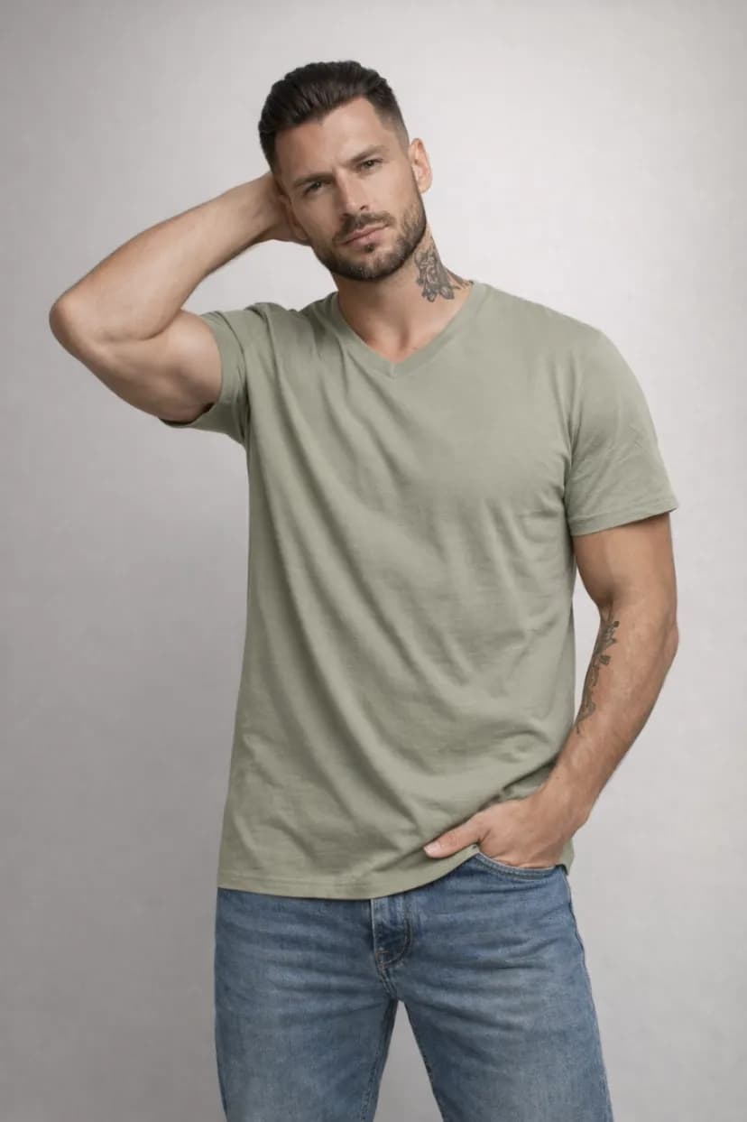 T-SHIRT MĘSKI - KOSZULKA KHAKI KOŁNIERZ V-NECK W SZPIC SEREK ELASTAN