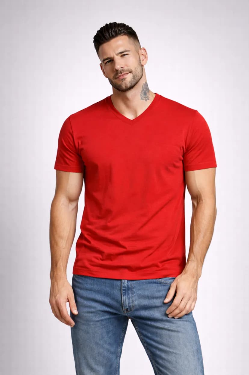 T-SHIRT MĘSKI - KOSZULKA CZEROWNA KOŁNIERZ V-NECK W SZPIC SEREK ELASTAN