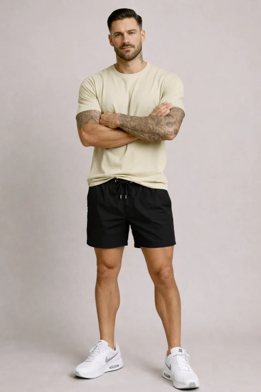 ZESTAW MĘSKI T-SHIRT PLUS SPODENKI PLAŻOWE - KOSZULKA KOLOR BEŻOWY