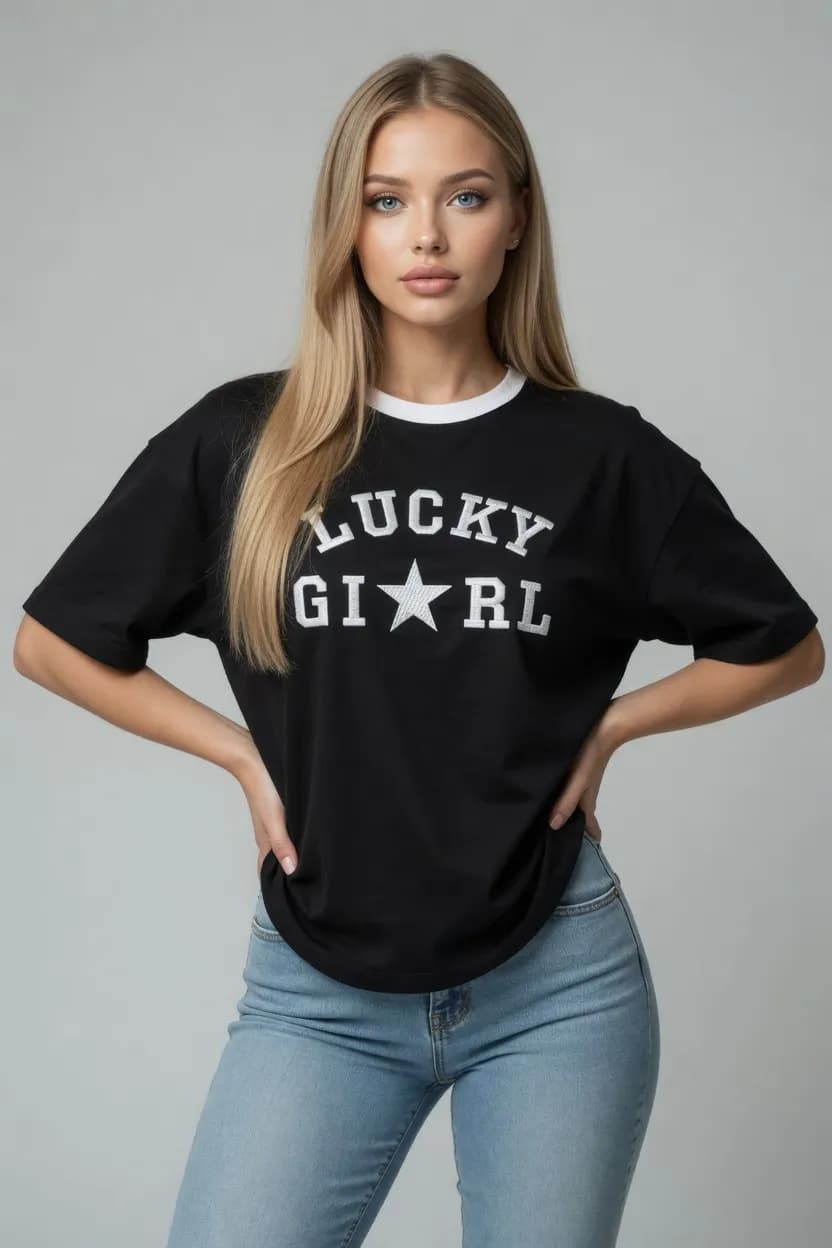 KOSZULKA DAMSKA OVERSIZE - KOLOR CZARNY - NADRUK HAFTOWANY LUCKY GIRL