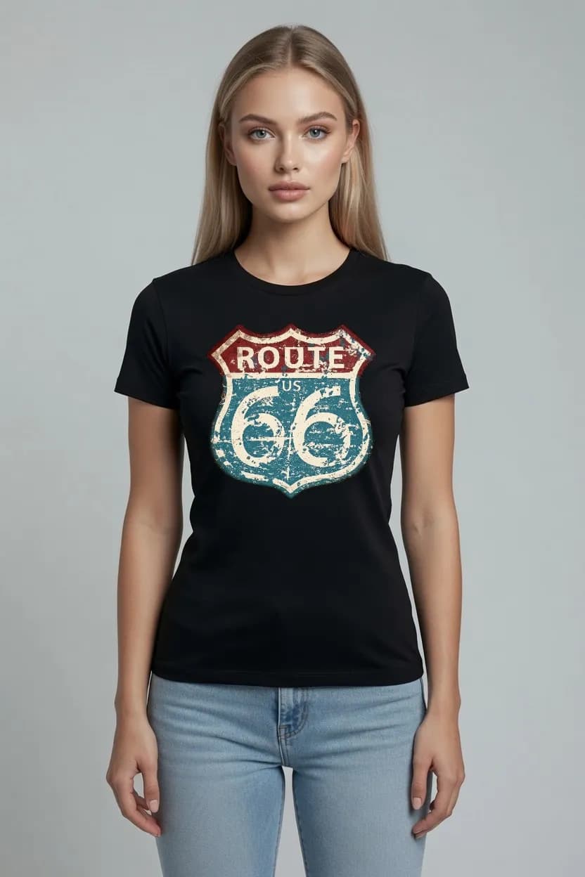 KOSZULKA DAMSKA DLA MIŁOŚNICZKI PODRÓŻY Z NADRUKIEM ROUTE 66 NA PREZENT
