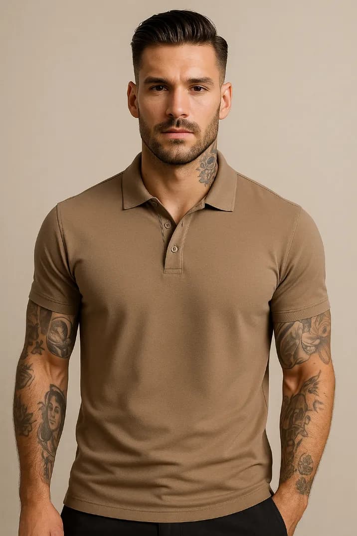 POLÓWKA MĘSKA - KOLOR BRĄZOWY - KOSZULKA POLO - REGULAR - KOŁNIERZYK