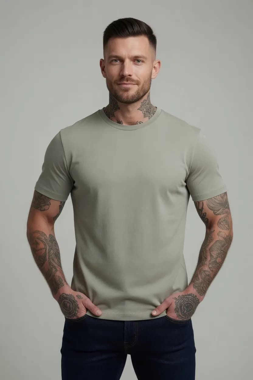 KOSZULKA MĘSKA KHAKI - T-SHIRT PRZYLEGAJĄCY - SLIM FIT - ELASTAN