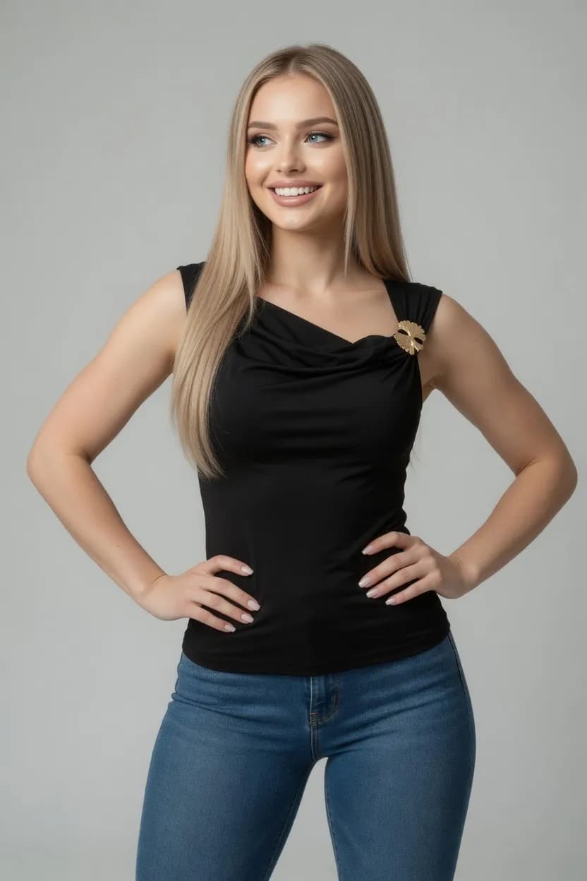 BLUZKA DAMSKA CZARNA ELEGANCKA Z OZDOBNĄ BROSZKĄ DEKOLT TYPU WODA