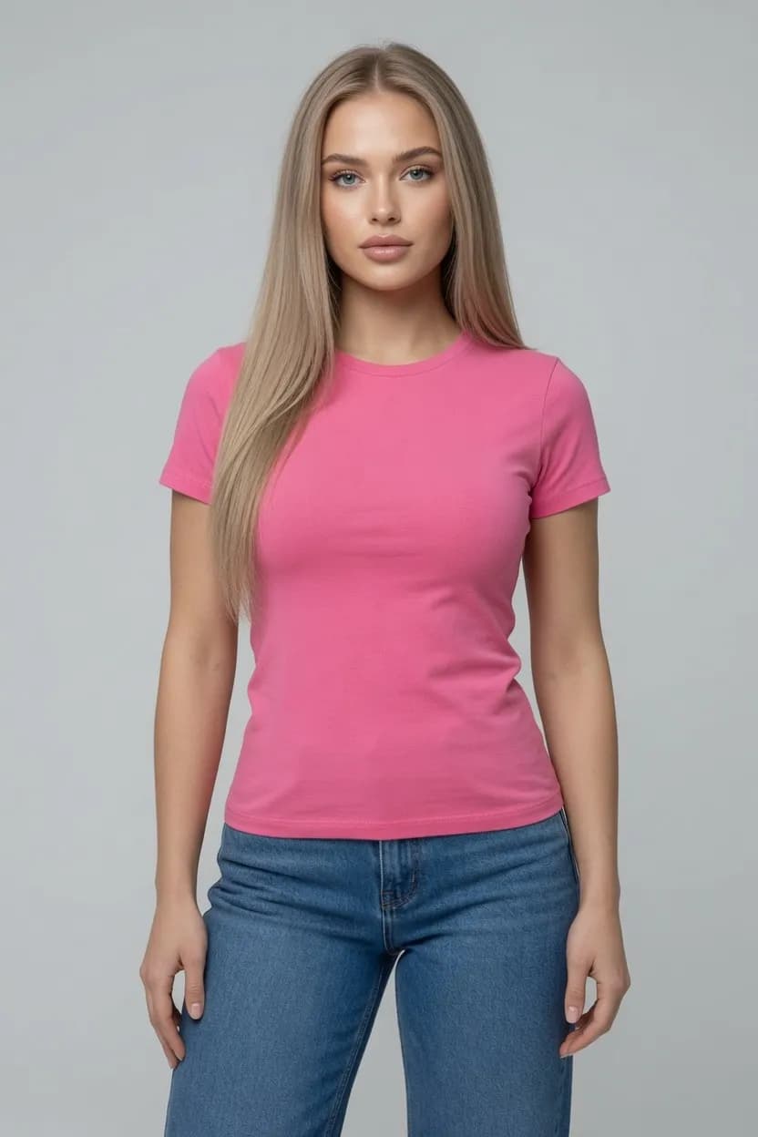 T-SHIRT DAMSKI KOSZULKA KRÓTKI RĘKAW KOLOR RÓŻOWY BAWEŁNA DOPASOWANA