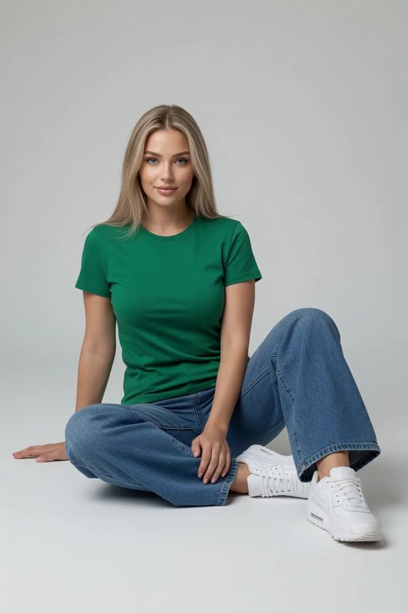T-SHIRT DAMSKI KOSZULKA KRÓTKI RĘKAW KOLOR ZIELONY BAWEŁNA DOPASOWANA