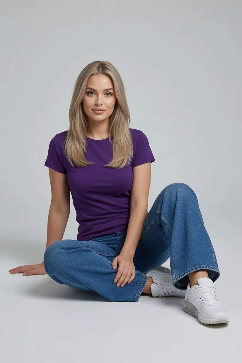 T-SHIRT DAMSKI KOSZULKA KRÓTKI RĘKAW KOLOR FIOLETOWY BAWEŁNA DOPASOWANA
