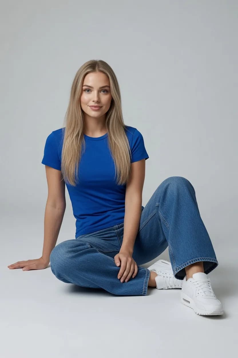 T-SHIRT DAMSKI KOSZULKA KRÓTKI RĘKAW NIEBIESKA BAWEŁNA DOPASOWANA